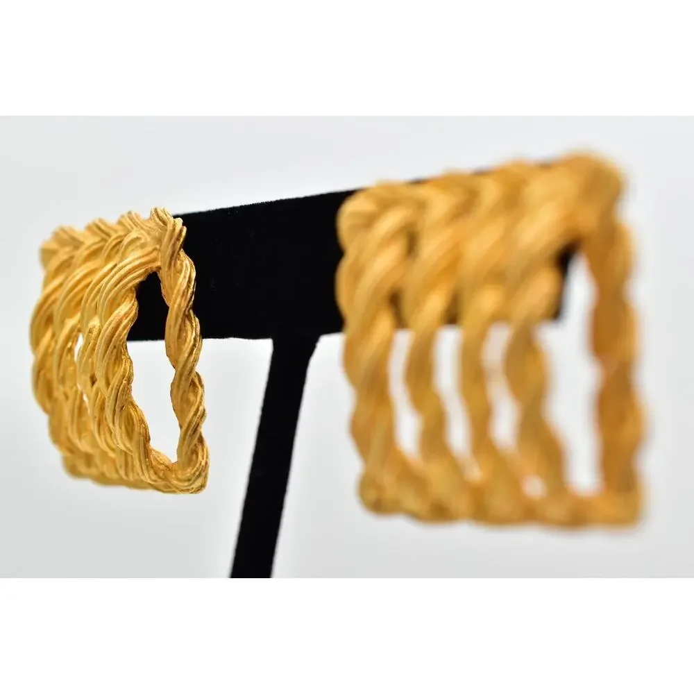 Vintage Square Rope Earrings Dangle Brushed Gold Matte Chunky Bold 1980s BinBK